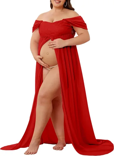 Miniatura 4 de Vestido de maternidad para sesión de fotos con hombros descubiertos, vestido de gasa con abertura frontal, maxi vestidos de embarazo para fotografía