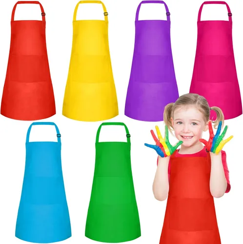 Miniatura 13 de PLULON 10 delantales para niños con 2 bolsillos, delantales de pintura a granel, delantales de pintura ajustables, delantales de chef para niñas, 10