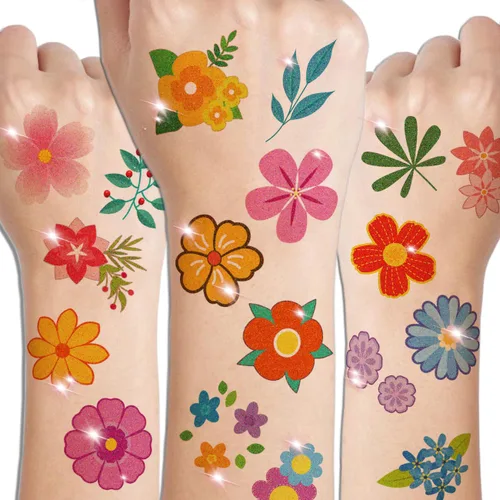 Miniatura 3 de CHARLENT Tatuajes temporales de flores con purpurina para niñas, 74 hojas individuales, impermeables y fáciles de despegar, recuerdos de fiesta