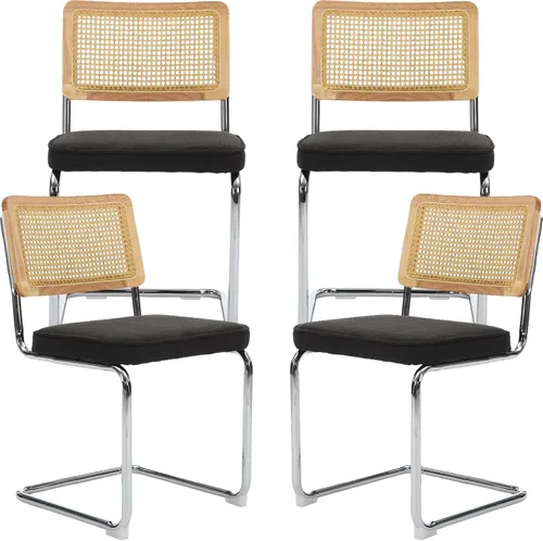 ODUSE-DAILY Black Modern Rattan Dining Chairs Set of 4, Linen Fabric Upholstered Kitchen & Dining Room Chairs Set of 4, Sillas de Comedor, Cane
