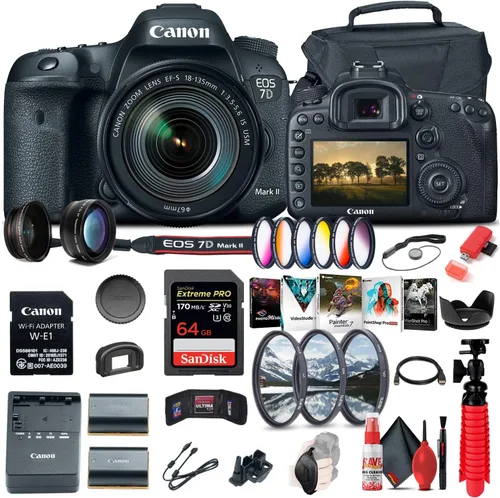 Canon Cámara DSLR EOS 7D Mark II con lente USM de 0.709-5.315 in f/3.5-5.6 es USM y adaptador Wi-Fi W-E1 (9128B135) + tarjeta de memoria de 64 GB +