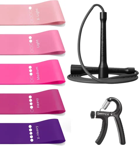 Paquete de energía de fitness 3 en 1: juego de 5 bandas de resistencia + cuerda de salto de velocidad + agarre ajustable para la mano, combo de