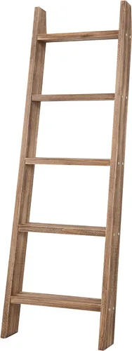 Miniatura 6 de MyGift - Estante decorativo de madera natural rústica quemada para apoyarse en la pared, con 4 pies de altura y escalera de manta con 5 peldaños
