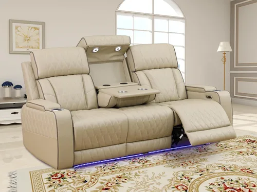 Miniatura 35 de Juego de sofá reclinable eléctrico, seccional de cuero transpirable beige, juego de muebles de sala de estar, 2 piezas, sofá reclinable eléctrico