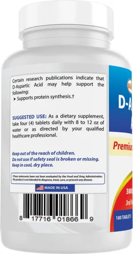 Miniatura 7 de Best Naturals Ácido aspártico D (DAA) 3000 mg por porción, sin OMG y sin gluten, 180 tabletas
