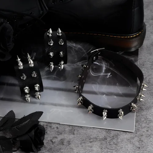 Miniatura 3 de Manfnee Gargantilla punk con cuello de espiga, collar de cuero sintético, pulsera ajustable gótica