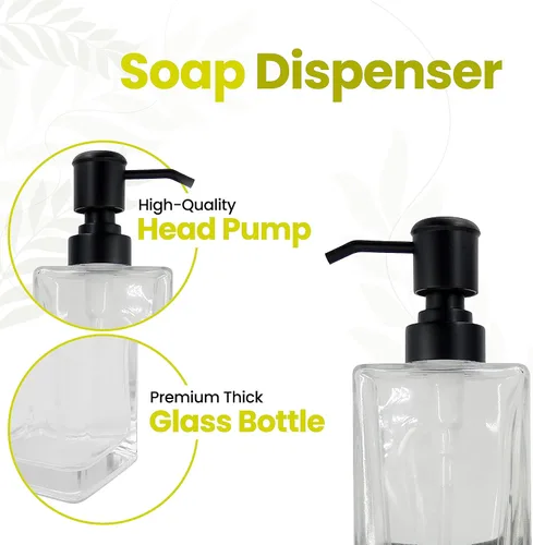 Miniatura 3 de Juego de dispensador de loción y jabón de vidrio cuadrado transparente con bomba y soporte de metal para baño, cocina, hogar, oficina, viaje, hotel