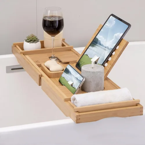 Miniatura 5 de XcE Bandeja de bambú para bañera, expandible hasta 41 pulgadas con soporte para libros, soporte para jabón y almohadillas antideslizantes para spa