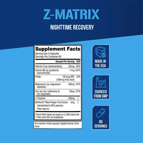 Miniatura 3 de EVL Suplemento de recuperación post entrenamiento, magnesio y zinc, ZMatrix Zinc Magnesio Aspartato Suplemento de recuperación muscular para apoyo