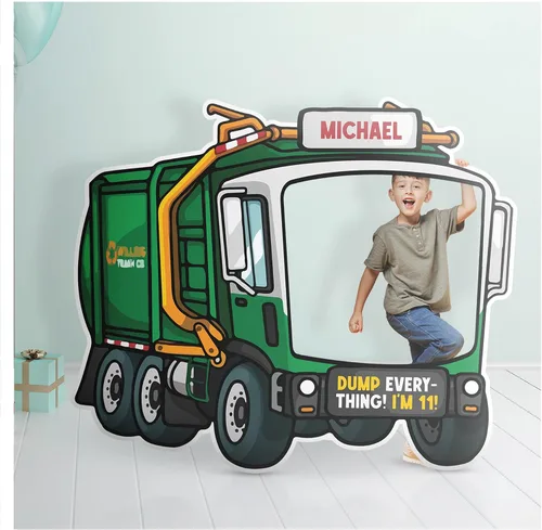 Marco personalizado de cabina de fotos de camión de basura, accesorio de selfie con temática de camión de basura verde, un accesorio de fotos