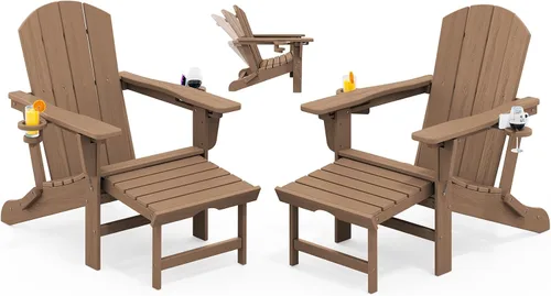 Miniatura 22 de KINGYES Silla Adirondack plegable ajustable con otomana y 2 portavasos, silla reclinable Adirondack HDPE con reposapiés, Aruba