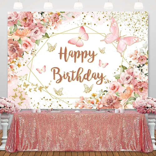 Miniatura 3 de Sensfun Telón de fondo floral de feliz cumpleaños para mujeres y niñas, mariposa rosa, fiesta de cumpleaños, fondo de fotografía, flores