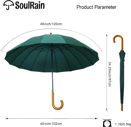 Miniatura 80 de SoulRain Paraguas de palo de 16 varillas de 48 pulgadas, apertura automática, color sólido, moderno y simple, mango de madera clásico de arco
