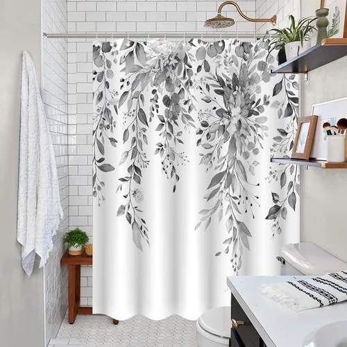 Miniatura 3 de Cortina de ducha extra larga de eucalipto gris y blanco de 84 pulgadas, cortinas de ducha de hojas florales grises para baño, cortina de baño