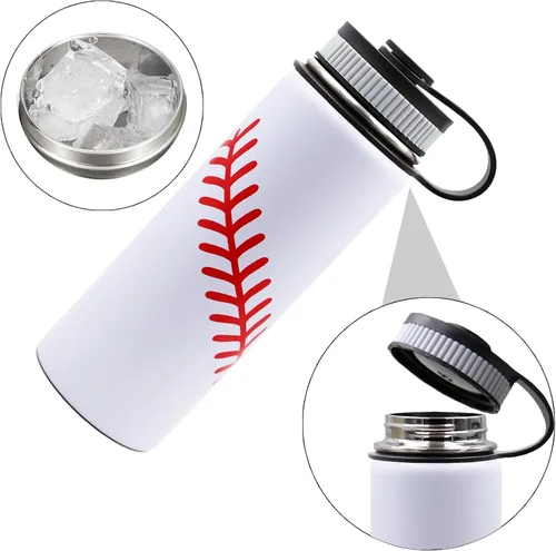 Miniatura 7 de Botella de agua de béisbol de 18 onzas, botella deportiva de boca ancha, vaso de viaje de metal con 2 tapas, botellas de agua aisladas al vacío