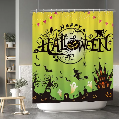 Miniatura 45 de Cortina de ducha de fantasma y gato negro para niños, 36 x 72 pulgadas, espeluznante y bonita, cortina de baño de Halloween con 6 ganchos, cortina