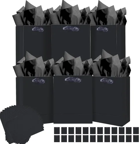 qiqee 24 bolsas de regalo negras con papel de seda para bodas, cumpleaños, suministros de fiesta, bolsas de regalo de cartón de tamaño mediano de