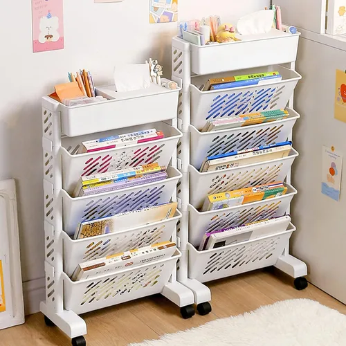Miniatura 4 de Estantería móvil con ruedas, organizador de escritorio de gran capacidad de 5 capas, estante giratorio de almacenamiento rodante para escuela, aula