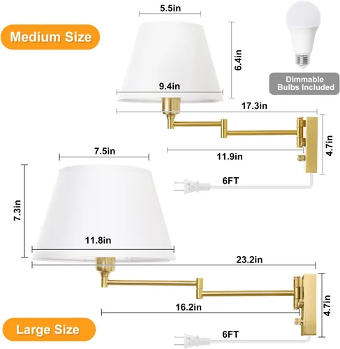 Miniatura 7 de TRLIFE Aplique de pared regulable con control remoto, temperatura de color ajustable de 2700K a 6500K, luces de pared con brazo oscilante de latón