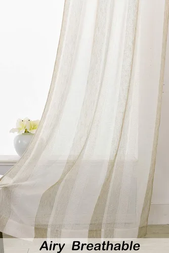 Miniatura 4 de Central Park Cortinas Transparentes de Rayas Beige y Blancas Estilo Granja de Lino Bouclé, Pares de Paneles de Cortina de Ventana Tejidos con Hilo