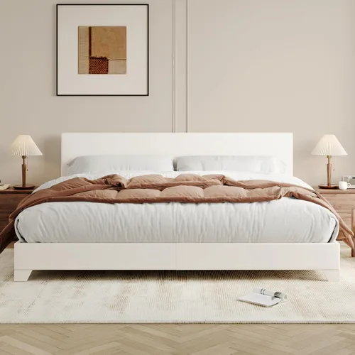 Miniatura 3 de Allewie Estructura de Cama Tamaño King con Cabecera Ajustable, Cama Plataforma de Cuero Sintético con Listones de Madera, Base de Colchón de Blanco