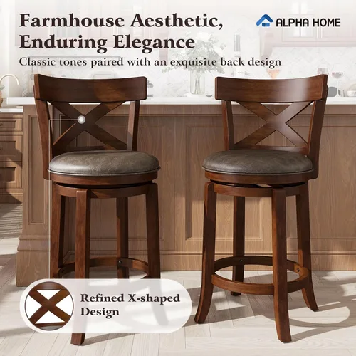 Miniatura 3 de ALPHA HOME Taburetes de bar giratorios con respaldo, 26 pulgadas, juego de 2, taburetes de bar de madera, sillas de bar de 360 grados con patas