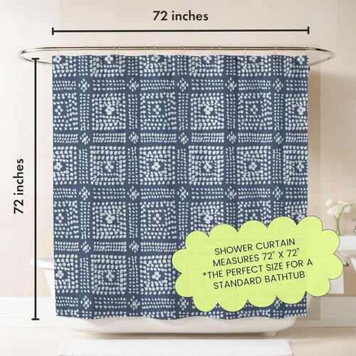 Miniatura 3 de Cortina de Ducha Moderna con Estampado Shibori Azul - Patrón Geométrico Boho de Puntos - Diseño Mudcloth - Cortina de Ducha Decorativa de Tela
