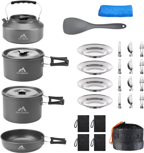 Juego de 27 piezas de cocina de camping para 2-4 personas, juego de utensilios de cocina portátiles con hervidor, ollas y sartenes, utensilios de