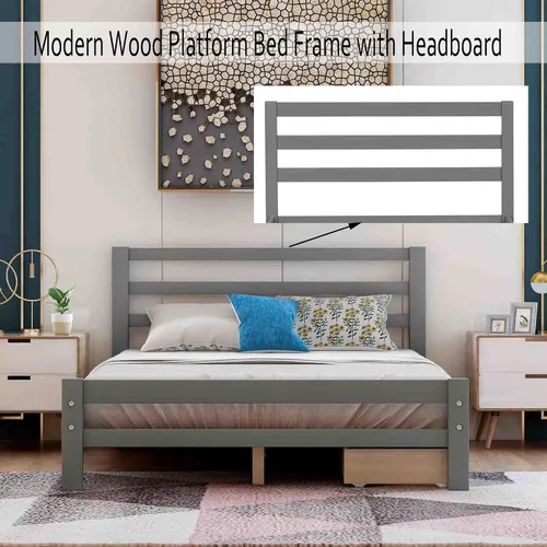 Miniatura 4 de Base de cama con 2 cajones, base de cama moderna de plataforma de madera con cabecero para niños, adolescentes y adultos, base de colchón Camas, sin