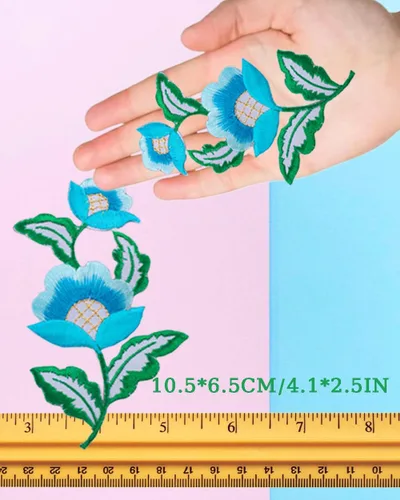 Miniatura 2 de 5 pares de flores florales para planchar con parche bordado de vid verde para cuello, vestido, zapatos, jeans, accesorios de costura (azul)