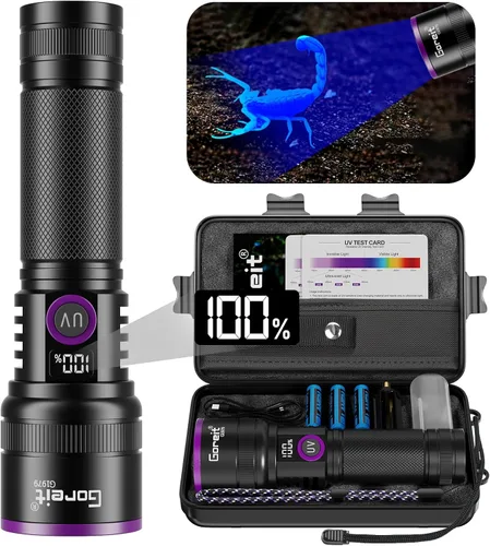 Goreit Luz negra de 365 nm con lente de filtro, linterna de luz UV fuerte de 30 W, recargable con pantalla LCD, luz negra ultravioleta para