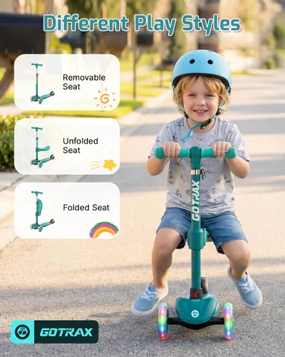 Miniatura 5 de Gotrax KS3 - Patinete para niños, ruedas iluminadas LED, manubrio de altura ajustable y asiento extraíble, cubierta antideslizante inclinada