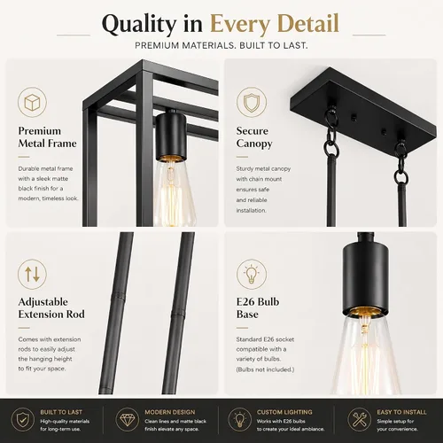 Miniatura 4 de Iluminación negra para isla de cocina, moderna lámpara rectangular de jaula lineal, 3 luces, lámpara colgante de metal industrial para granja