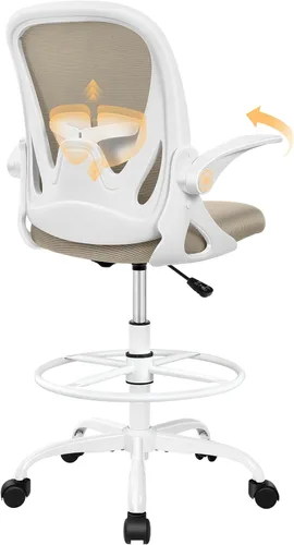 Miniatura 28 de Primy Silla de Dibujo Silla Alta de Oficina con Reposabrazos Abatibles Silla Ejecutiva Ergonómica de Computadora para Escritorio de Pie con Soporte