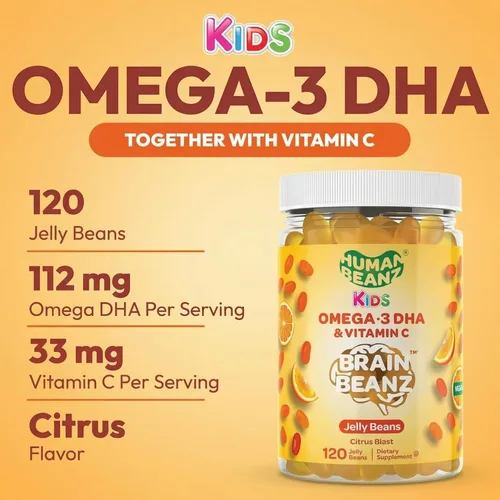 Miniatura 2 de Human Beanz Gomitas veganas Omega 3 para niños, gomitas con DHA y vitamina C, apoyo cerebral e inmunológico para niños, Explosión de cítricos, 120