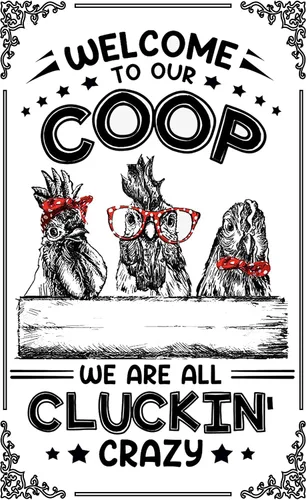 Letrero de metal retro con texto en inglés "Welcome to Our Coop We are All Cluckin Crazy Chicken Coop - Letrero vintage para decoración de pared de