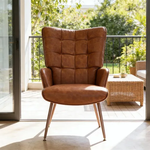 Miniatura 5 de Bafode Silla decorativa moderna Mid-Century - Sillón de piel sintética con cuadrícula para sala de estar, dormitorio y oficina, cómoda silla