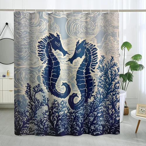 Miniatura 23 de Juego de cortinas de ducha de ballena azul, divertidas cortinas de ducha de dibujos animados de océano para baño, decoración de baño para niños