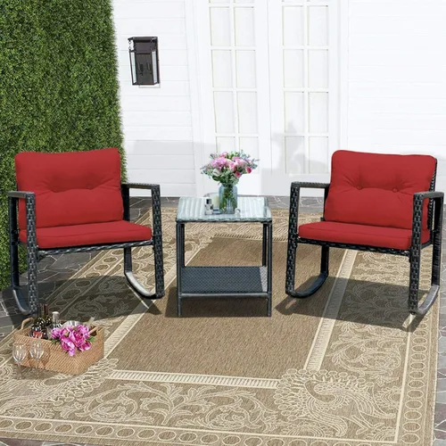 Miniatura 6 de Juego de 3 piezas mecedoras de bistró, muebles de mimbre para patio, juego de sillas de conversación al aire libre con 2 sillas mecedoras y mesa