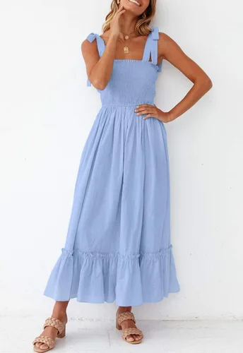 Miniatura 9 de ZESICA Women's 2023 Summer Boho Spaghetti Strap Square Neck Solid Color Ruffle A Line Beach Long Maxi Dress