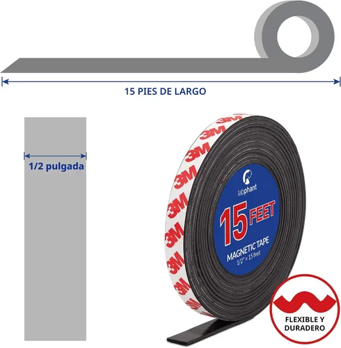 Miniatura 3 de Cinta magnética, rollo de cinta magnética de 15 pies (1/2 pulgadas de ancho x 15 pies de largo), con respaldo adhesivo fuerte 3M. Perfecto