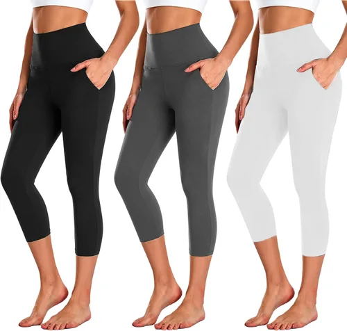NEW YOUNG Paquete de 3 leggings capri para mujer con bolsillos, cintura alta, control de abdomen, pantalones negros para entrenamiento, gimnasio,