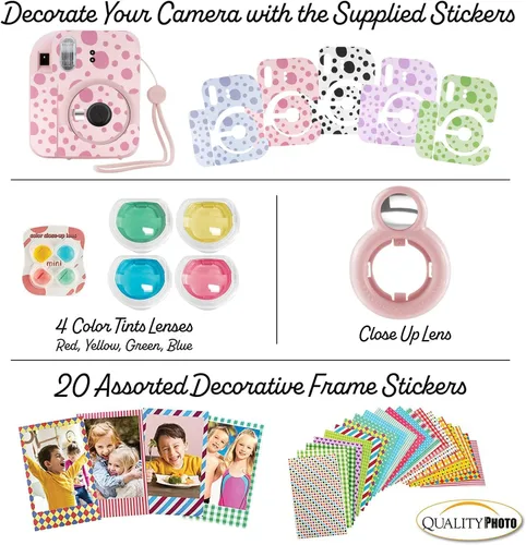 Miniatura 6 de Fujifilm Cámara instantánea Instax Mini 12 con funda, 20 impresiones de Fujifilm (rosa flor), calcomanías decorativas, marcos, álbum de fotos y más