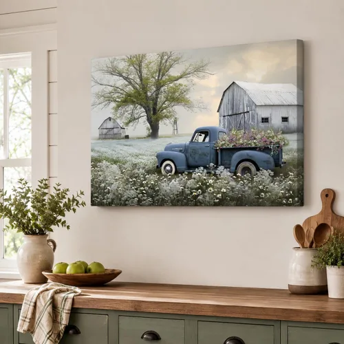Miniatura 29 de Lienzo de pared de camión antiguo de granja, arte de pared de granero rústico, impresiones de lienzo de camioneta vintage de campo, impresiones