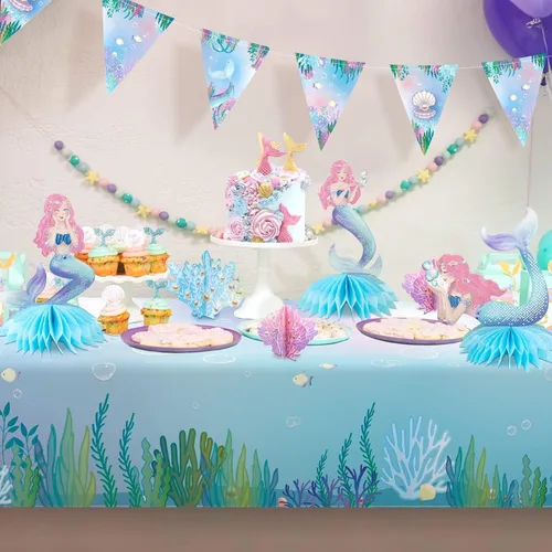Miniatura 4 de Decor365 Centro de mesa de sirena rosa y azul debajo del mar, decoración de cumpleaños para niñas, coral océano, temática de sirena, suministros