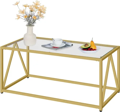 Miniatura 6 de Mesa de Café de Vidrio HOOBRO, Mesas de Café Doradas para Sala de Estar, Mesa de Café de Vidrio Dorada, Mesa Central de 1 Capa, Moderna, para Dorado