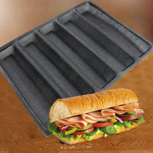FETESUR Molde para sándwich de silicona perforada para hornear pan de baguette francés, tapete para alimentos, 5 forros antiadherentes para hornear