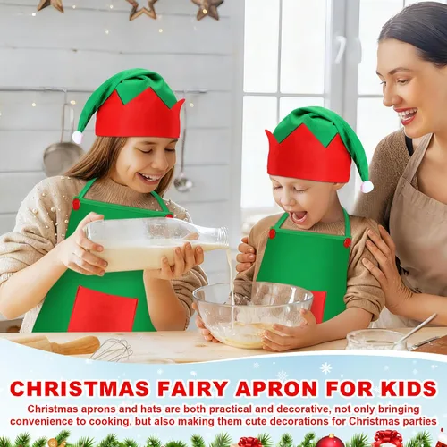 Miniatura 5 de Handepo - Conjunto de delantal y gorro de elfo navideño para niños, sombreros de Papá Noel para niños, suministros de fiesta navideña para niños