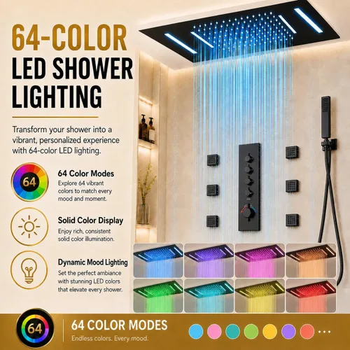 Miniatura 3 de MONDAWE Sistema de chorros de ducha termostáticos de cuerpo completo de 23 pulgadas, 64 colores LED con música, cascada de lluvia, sistema