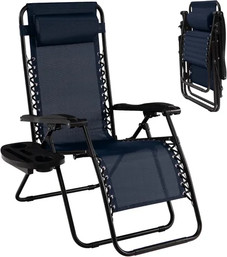 Miniatura 12 de Goplus Sillas de salón Zero Gravity, reclinables plegables ajustables en 160° con almohada y soporte para tazas, cómodas sillas de descanso de 350